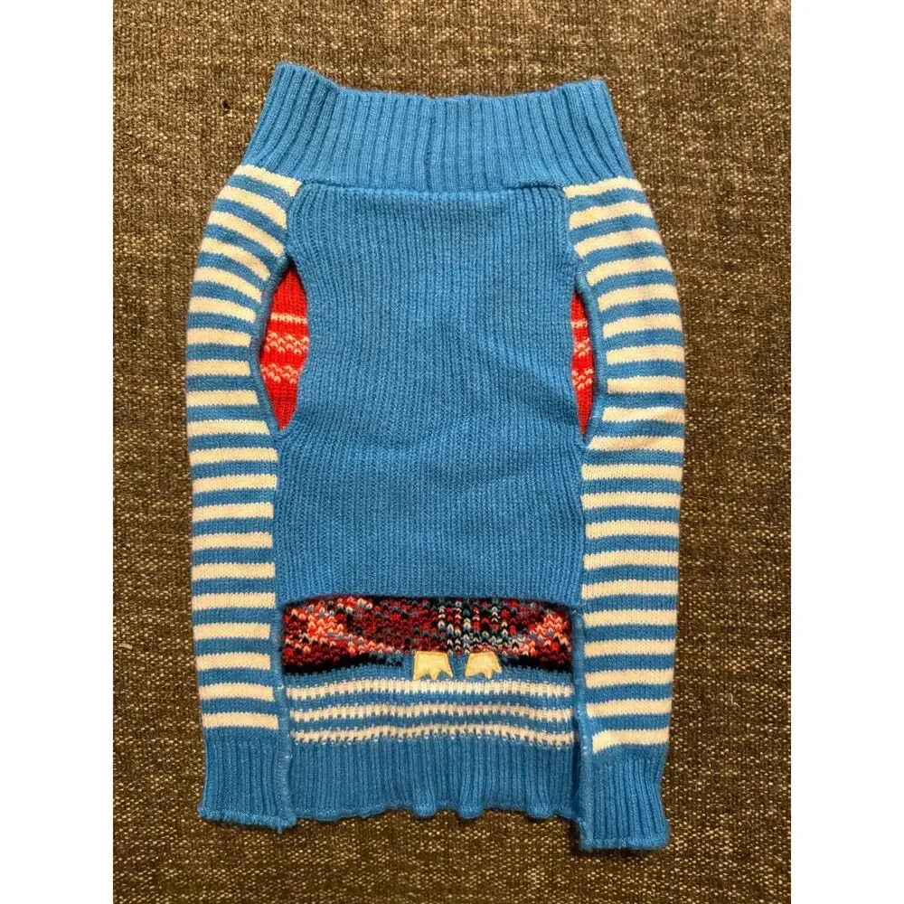 Penguin Dog Sweater Holiday Winter Blue Striped Pet Apparel Small NO FLAWS